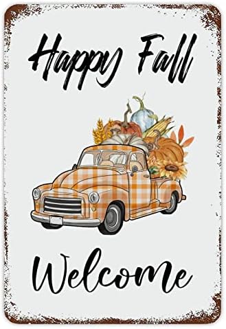 Есенска wallидна уметност портокалова карирана калај со калај знак тиква сончоглед јавор од лисја метал знак среќен пад Денот на благодарноста