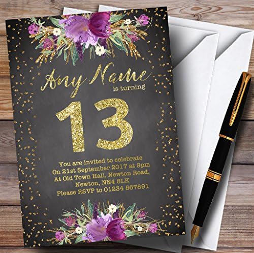 Креда Акварел Виолетова Злато 13-Ти Персонализирани Покани За Роденденска Забава