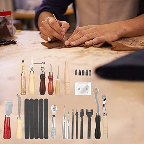Комплет за алатки за кожа Udavivi, комплетен сет на алатки за кожа од 19 парчиња - совршен за шиење на рацете, шиење, удирање, резба и алатка
