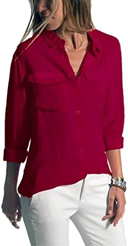 Angongnywell обичен лаптоп кошула со долги ракави џебни кошула женска облека лето со повеќебојни преголеми врвови