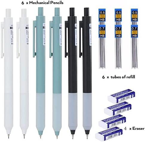 WuxipRep 6pcs Механички молив поставен за деца, 6 цевки за полнење моливи, 4 парчиња бришење, пенкала за пишување на убави точки, симпатични пенкала