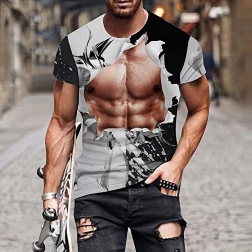 2023 Нова машка пролет и летна личност мускулна 3Д дигитална печатење маица со тркалезен врат и кратко