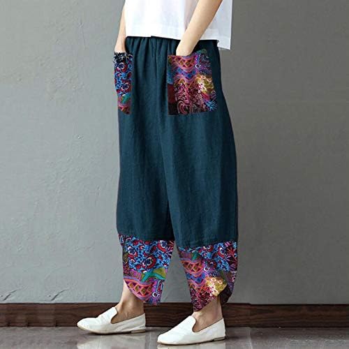 Shengxiny Баги панталони за жени обични памучни постелнини печати Неправилно лабаво широко џемпери за нозе