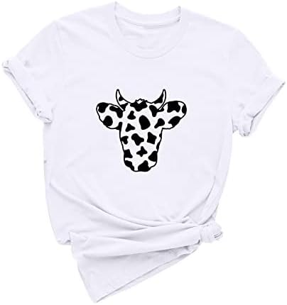 Женски обични маици со кратки ракави на кратки ракави карирани крави loveубовни графички маички маички со екипаж, симпатична туника јуниори