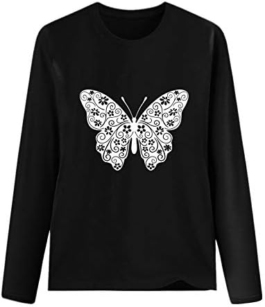 Rmxei женски обичен лабав тркалезен врат со долг ракав Пеперутка печати врвна маица за блуза