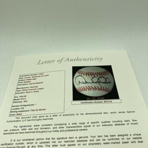 1996 Дерек etетер Руки го потпиша официјалниот американски лига Бејзбол JSA COA - Автограмирани бејзбол