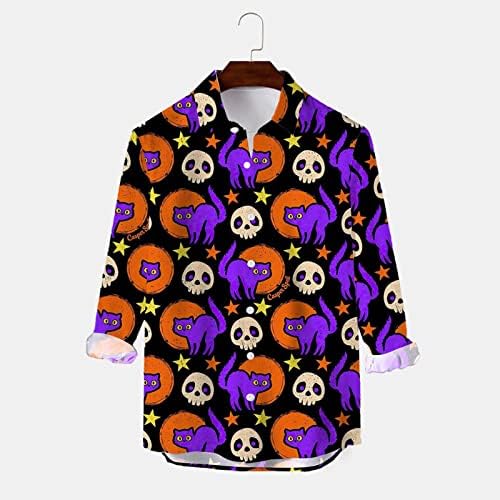 XXBR Ноќта на вештерките Обични кошули за мажи, гроздобер застрашувачки скелет печати долг ракав копче надолу фустан кошула