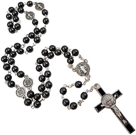 Talisman4u Блажена католичка розарија ѓердан црна хематит мониста Свети Свети Бенедикт Медал и кутија за подароци за крст