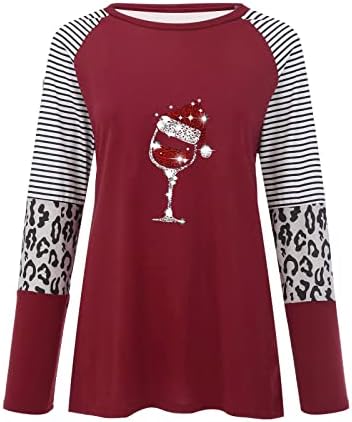 Божиќна вино стаклена кошула жени Божиќ леопард шарени спојувачки џемпери во боја на џемпери, обични врвови со долг ракав