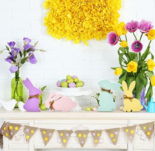 4 Велигденски зајаче украси за маса, декоративни дрвени пролетни облици во форма на зајаци, за зајаци, врвен знак декор, дрво рустикална
