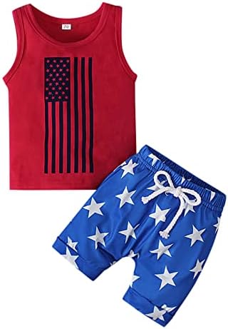 Облека на момчето 2 парчиња панталони+starвезда на елек печатени шорцеви Ден на независност Ден на панталони со шарени врвови