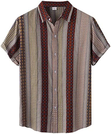 XXBR краток ракав Хавајски кошули за мажи, копче надолу лапел јака Бохо геометриска печатена обична кошула на плажа врвови
