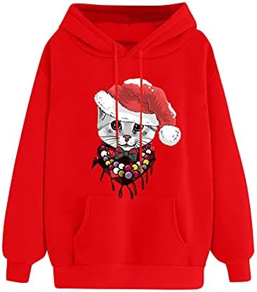 ГА Вајхуа дуксер со џебови со џебови за жени Божиќ грда џемпер пуловер празнична капа за мачки печатење облека туника