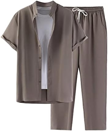 Горглитер машки 2 парчиња копче надолу со кошула панталони за половината постави модни цврсти обични облеки без мета