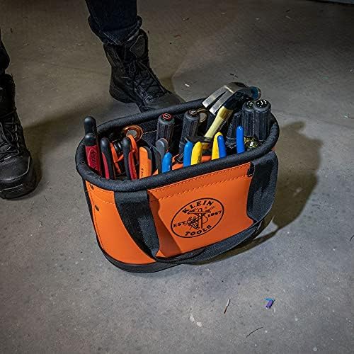 Клајн алатки 5144HBS корпа со тврдо тело, организатор на корпи за овална алатка со обвивка за ножеви и 14 други џебови, портокалово/црно