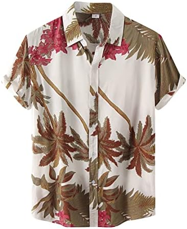 Кошули на хавајски кошули на бег, лето со кратки ракави, тропско цветно копче за печатење надолу опуштено вклопување на плажа, обична кошула