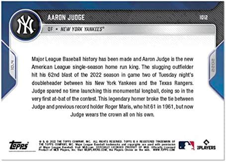2022 Топс сега Арон Судија 1012- Служерот го постави АЛ Рекорд со 62-ти HR- Yorkујорк Јанкис Бејзбол Трговска картичка- ИСТОРИЈА ИСТОРИЈА