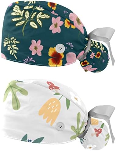 2 пакувања Scrub Cap Women со копчиња, прилагодлива еластична вратоврска за череп капи, цветни цветни буфантни хируршки капа