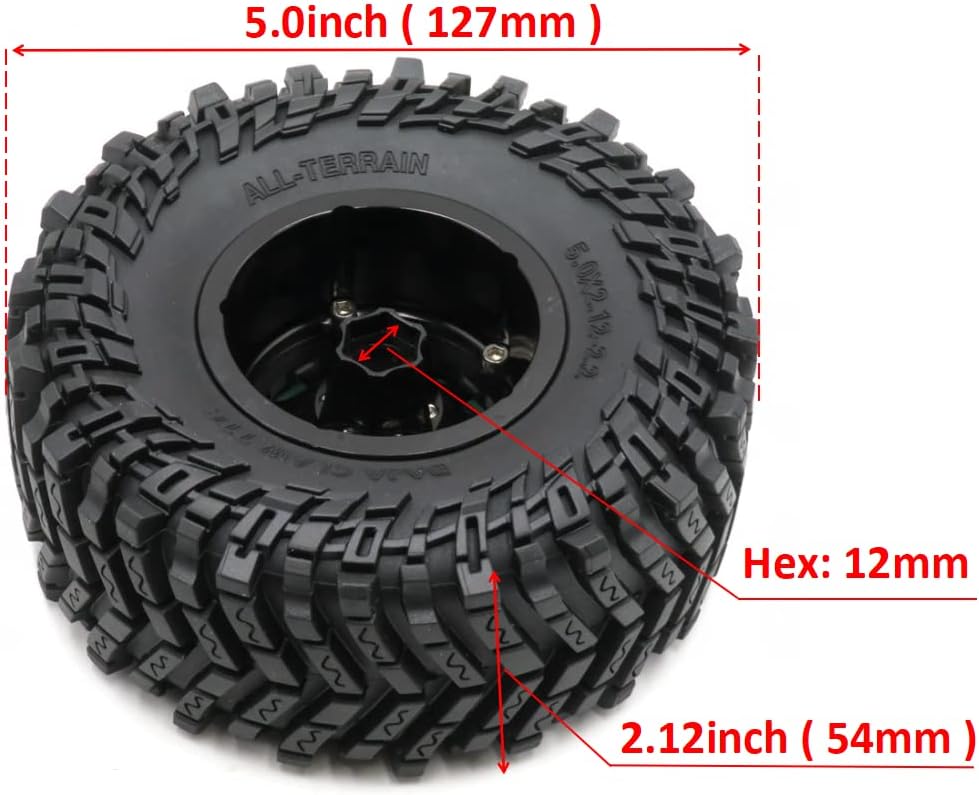 Hobbysoul 4pcs rc 2.2 гуми гуми висина 127мм/5.0inch & алуминиум 2.2 тркала од бејдлок негативни офсет -бандажи црна боја за RC Mud Crawler