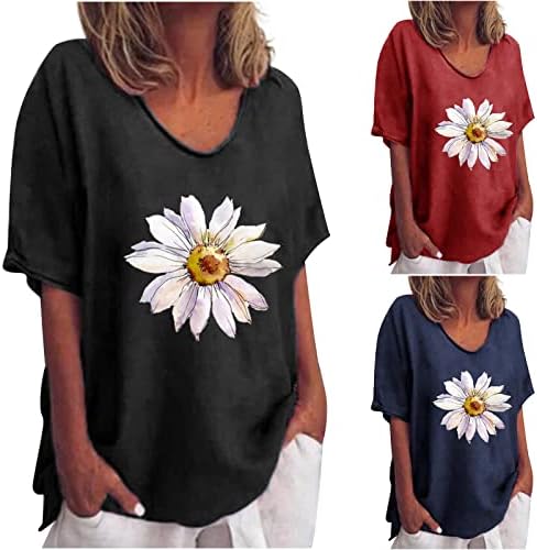 Женски памучни постелнини врвови летни сончоглед печатени графички маички кратки ракави екипаж лабави удобни кошули блузи