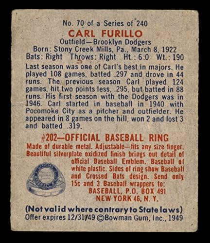 1949 Bowman 70 Carl Furillo Brooklyn Dodgers VG+ Dodgers