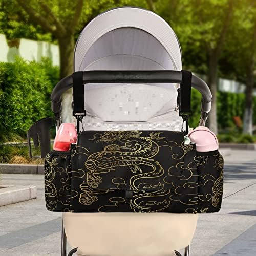 Организатор за шетачи за бебиња за бебиња златен змеј шетач додатоци торба голем простор со 2 држачи за чаши повеќе џебови за патенти
