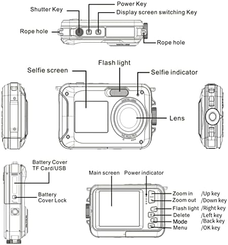 QSTNXB Водоотпорна дигитална камера, 2,7K видео подводна камера, 48MP слика 16x дигитална зумирање Фенерска светлина водоотпорна камера, селфи