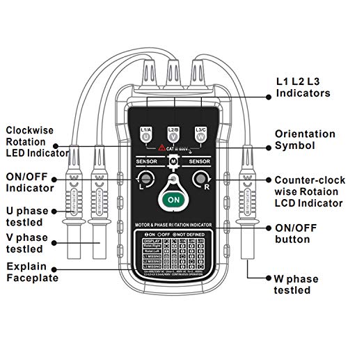 KPS-CF100 фаза на секвенца и мотори. Индикатор за фази на секвенца во три фази системи. Тестер за ротација на моторот.