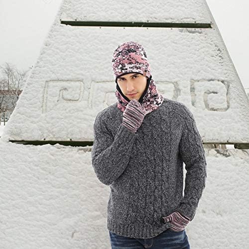 Топол плетен сет, зимска плетена капа на вратот потопла шал и ракавици на екран на допир поставени за мажи жени