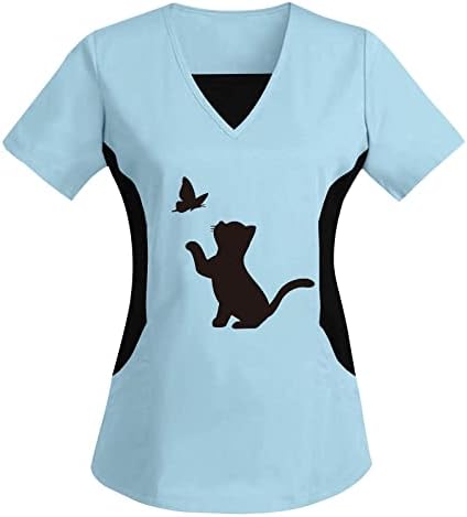 Жени технички панталони женски плус големина врвот V вратот кратки ракави мачки отпечатоци маица блуза графички маици за