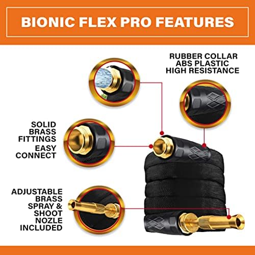 Црево за градинарско црево Bionic Flex Pro 100, тешка и лесна водоотпорна градинарско црево со месинг фитинзи и прилагодлива