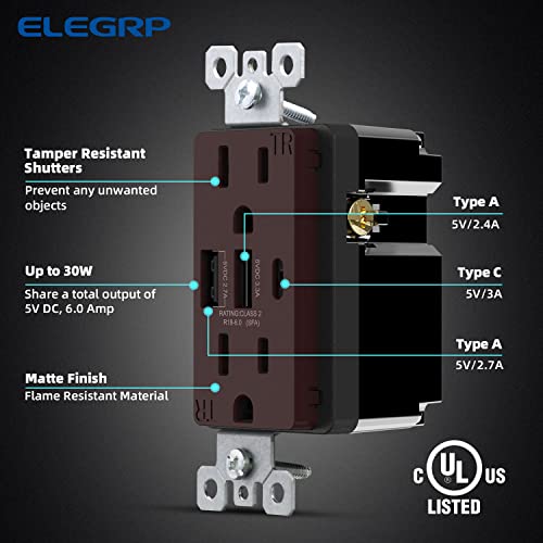 ELEGRP 30W 6.0 AMP 3-Port USB Wallид излез, 15 засилувач за засилувач со USB тип C & Type A пристаништа, USB полнач за iPhone/iPad/Samsung/LG/HTC/Android