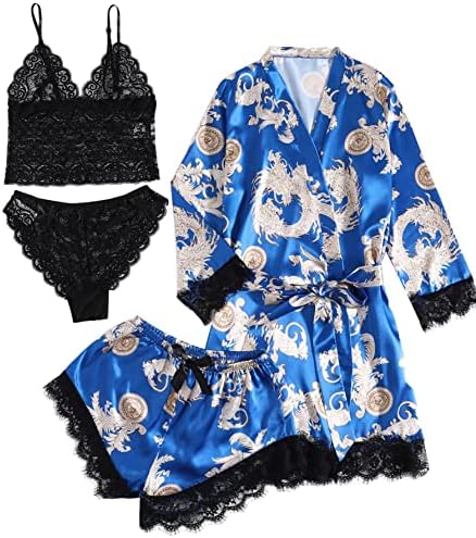 Женска Облека За спиење Од 4 парчиња Сатенска Цветна Тантела Ками Пижама Комплет Со Наметка