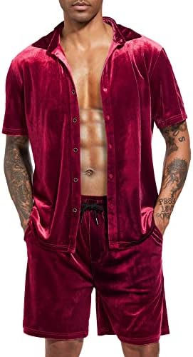 Лекги мажи летни случајни кратки комплети со вилветни кратки ракави копче надолу со кошула еластична половината шорцеви 2 парчиња облека