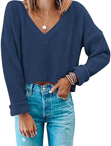 Мирол женски вафли плетенка исечен врвот v врат со долг ракав џемпер џемпер обични цврсти култури џемпери