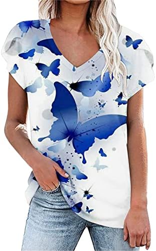 Женски врвови фустани обични v вратот цветни печатени маици со ливчиња со плитки за плитки летни удобни врвови модни маички