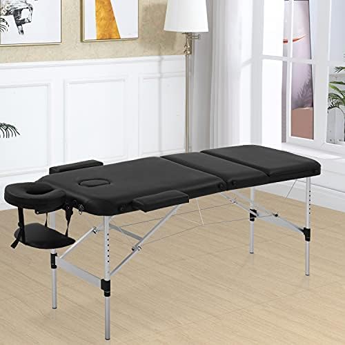 Масажа за масажа преносен кревет за масажа 3 преклопување 73 инчи со висина прилагодлив алуминиумски салон за носење табела за тетоважа на трвки