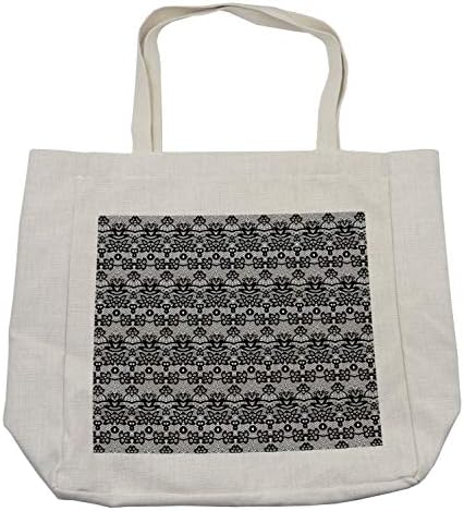 Црно-бела кеса со црно-бело, монохроматска шема на чипка со цветни мотиви и средновековен дизајн на зеленило, еколошка торба за