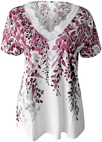 Фустан Чипка Трим Против Вратот Блуза Блузи За Жени Цвет Печатење Популарни Кратки Ракави Кошула Туника Блузи
