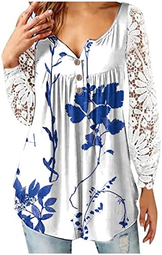 Bdporkas жени 2023 пролетно летно скривање на стомакот врвови долги маички за ракави за ракави елегантни чипка крпеница блузи