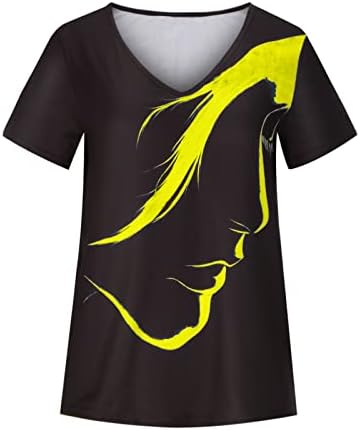 Тинејџерски девојки врвови во боја Блок Апстрактни блузи за печатење маички кратки ракави длабоки V вратот спандекс салон на врвови 2023 ју