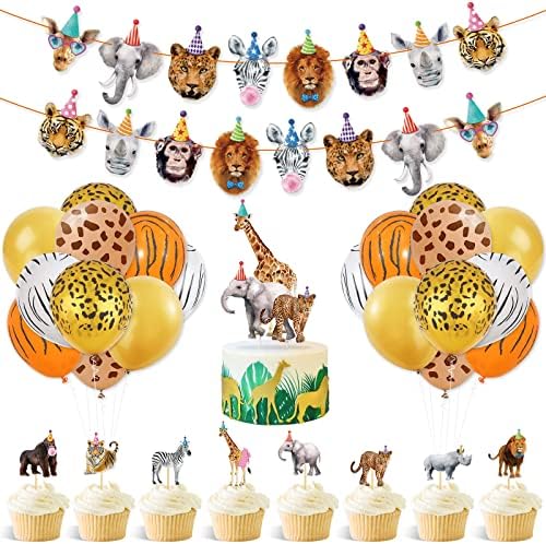Сафари Животни Украси За Забави Забави Животни Роденденски Банер Торта Кекси Топери и Балони За Момчиња Девојчиња Животни Од