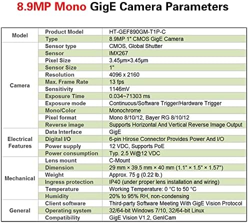 Hteng Vishi Gigabit Gige Ethernet 8.9MP 1 Mono Global Butter Industrial Camera Machion Vision C уста CMOS Scan Scan Camera 4096X2160 13FPS