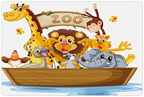 Лунарниот Цртан Филм Миленичиња Мат За Храна И Вода, Илустрација Брод Полн Со Стил Животни Зоолошката Градина Тема Лав Жирафа Мајмун, Не-Лизга