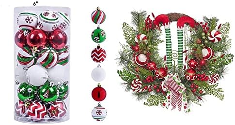 Валери Медлин Црвена Зелена Бела Божиќна Декорација Пакет | 30ct Топката Орнаменти + 24 инчен Прекрасен Елф Божиќ Венец