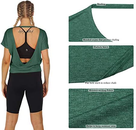 ICIZONE Отворено за тренингот маици за жени-страшни атлетски тимови со краток ракав, врвови за јога без грб, кошули за теретани