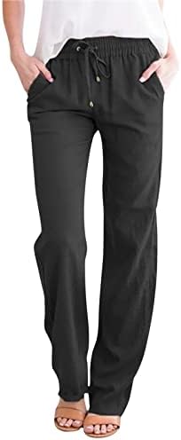 Женски памучни постелнини влечење високи панталони за половини летни палацо панталони обични лабави панталони со широки нозе со џебови