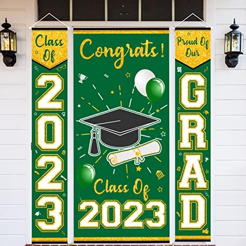 3 парчиња банер за градежништво за дипломирање класа за дипломирање од 2023 година, зелена и златна градска трема знак врата врата