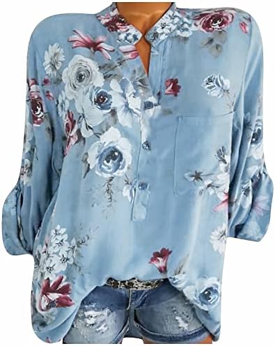 Копчиња за жени надолу Елегантни цветни маици за печатење, копче за пулвер, Хенли маичка Основни обични маички кошула блузи