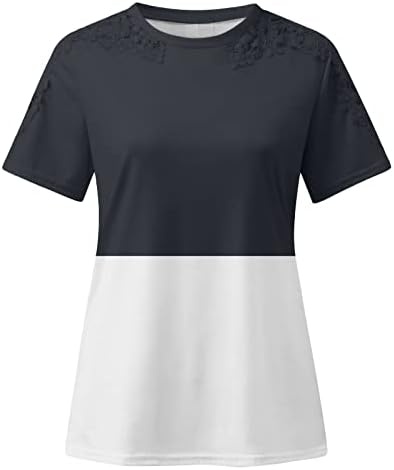 Летни врвови за жени 2023 година обична екипаж маица цветна чипка шуплива блуза со кратки ракави маички мода пулвер топка